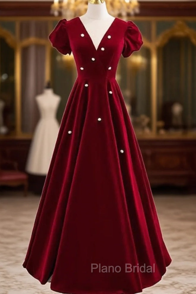 Burgundy Velvet Deep V-neck Short Sleeve Formal Prom Dresses Main image