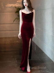 Burgundy Velvet Floor Length Mermaid Formal Prom Dresses, Velvet Bridesmaid Dresses