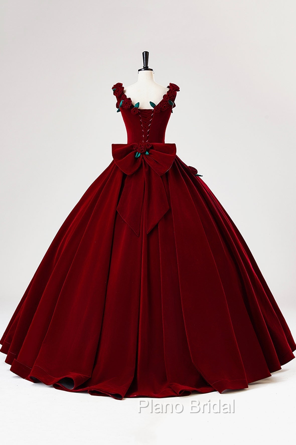 Burgundy Velvet Floor Length Formal Prom Dresses, A-Line Evening Party Dresses With Flowers