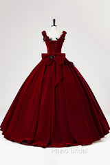 Burgundy Velvet Floor Length Formal Prom Dresses, A-Line Evening Party Dresses With Flowers