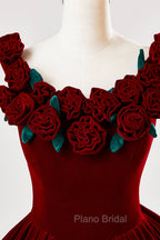 Burgundy Velvet Floor Length Formal Prom Dresses, A-Line Evening Party Dresses With Flowers