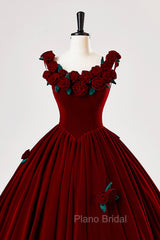 Burgundy Velvet Floor Length Formal Prom Dresses, A-Line Evening Party Dresses With Flowers