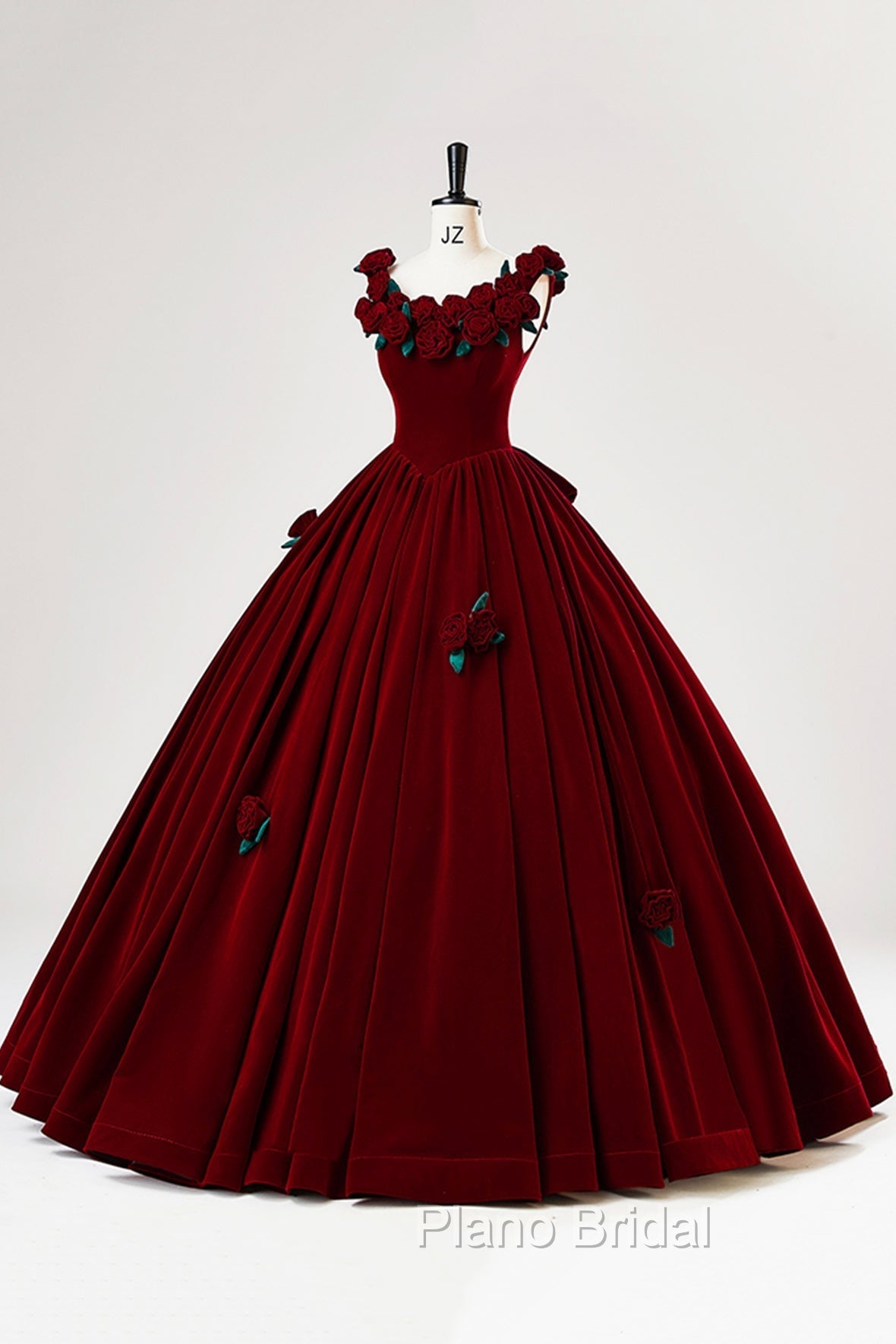 Burgundy Velvet Floor Length Formal Prom Dresses, A-Line Evening Party Dresses With Flowers