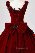 Burgundy Velvet Floor Length Formal Prom Dresses, A-Line Evening Party Dresses With Flowers