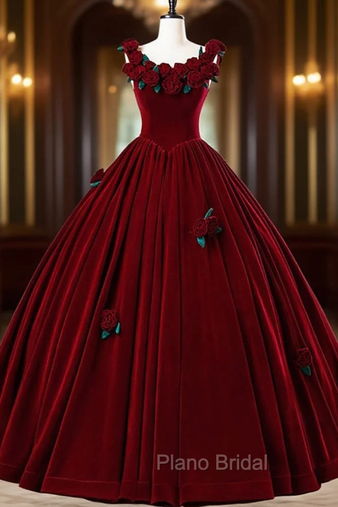Burgundy Velvet Floor Length Formal Prom Dresses, A-Line Evening Party Dresses With Flowers Main image