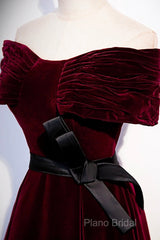 Burgundy Velvet Floor Length Formal Prom Dresses, Elegant Off The Shoulder Party Dresses