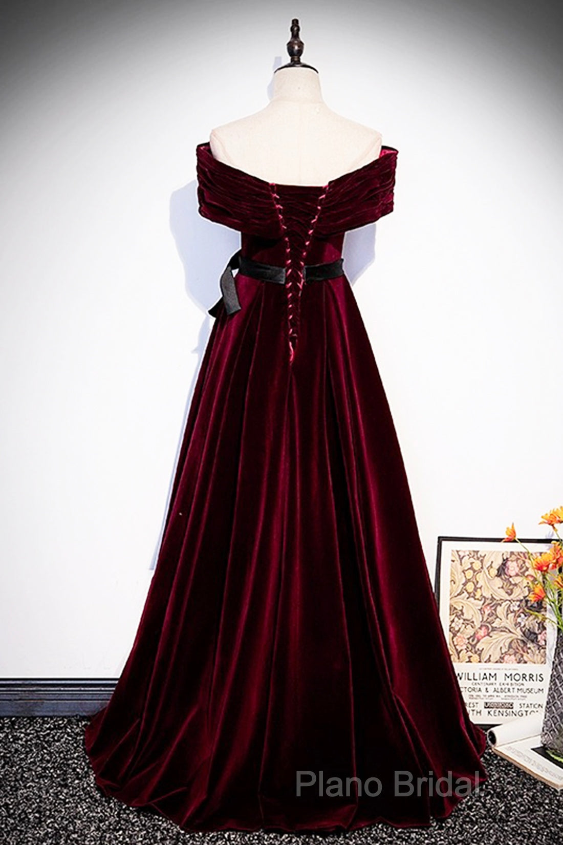 Burgundy Velvet Floor Length Formal Prom Dresses, Elegant Off The Shoulder Party Dresses