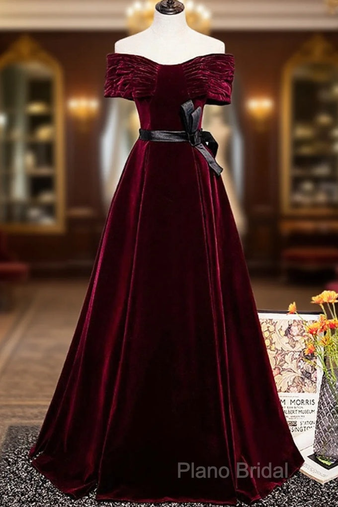 Burgundy Velvet Floor Length Formal Prom Dresses, Elegant Off The Shoulder Party Dresses Main image