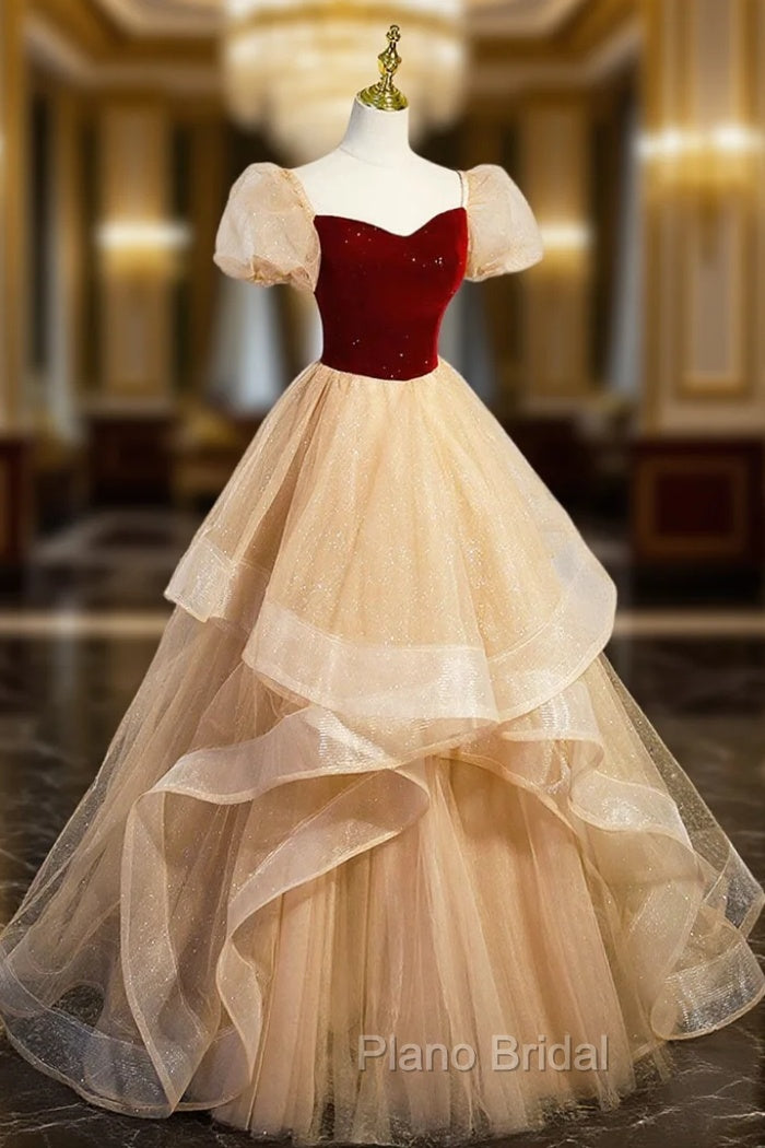 Burgundy Velvet Glitter Cascading Ruffles Formal Prom Dresses, Champagne Tulle Floor Length Evening Dresses Main image