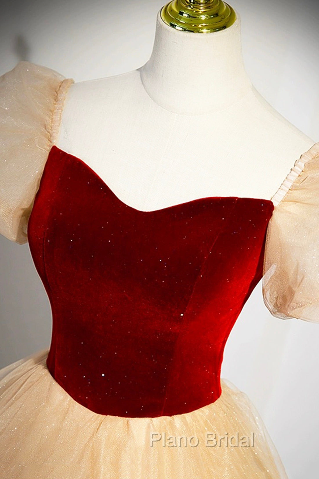 Burgundy Velvet Glitter Cascading Ruffles Formal Prom Dresses, Champagne Tulle Floor Length Evening Dresses