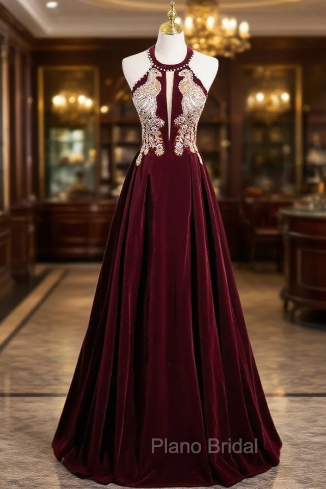 Burgundy Velvet Halter Beading Sequins Formal Prom Dresses Main image