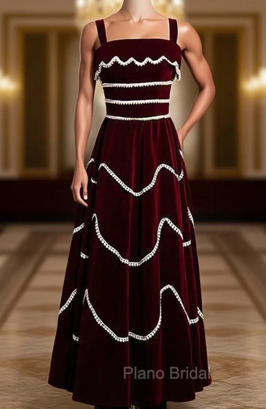 Burgundy Velvet Lace Straps Pearls Formal Prom Dresses Main image