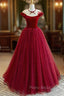 Burgundy Velvet Long A-Line Formal Prom Dresses, Burgundy Formal Evening Dresses