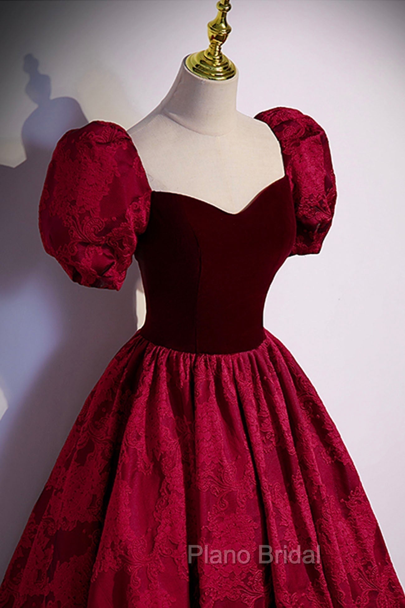 Burgundy Velvet Long A-Line Formal Prom Dresses, Burgundy Short Sleeve Evening Dresses