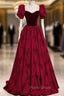 Burgundy Velvet Long A-Line Formal Prom Dresses, Burgundy Short Sleeve Evening Dresses
