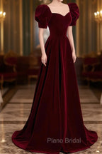 Burgundy Velvet Long A-Line Formal Prom Dresses, Simple Short Sleeve Party Dresses