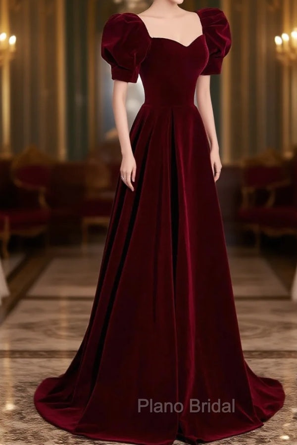 Burgundy Velvet Long A-Line Formal Prom Dresses, Simple Short Sleeve Party Dresses