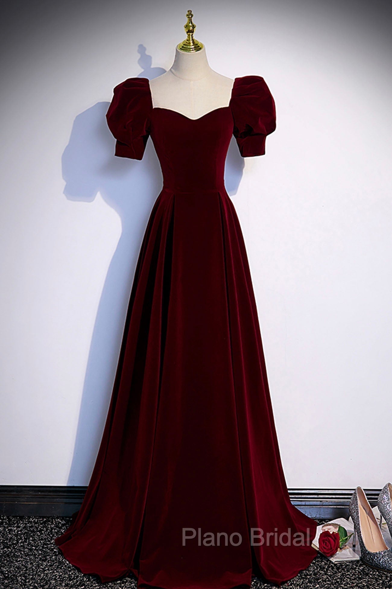 Burgundy Velvet Long A-Line Formal Prom Dresses, Simple Short Sleeve Party Dresses Main image