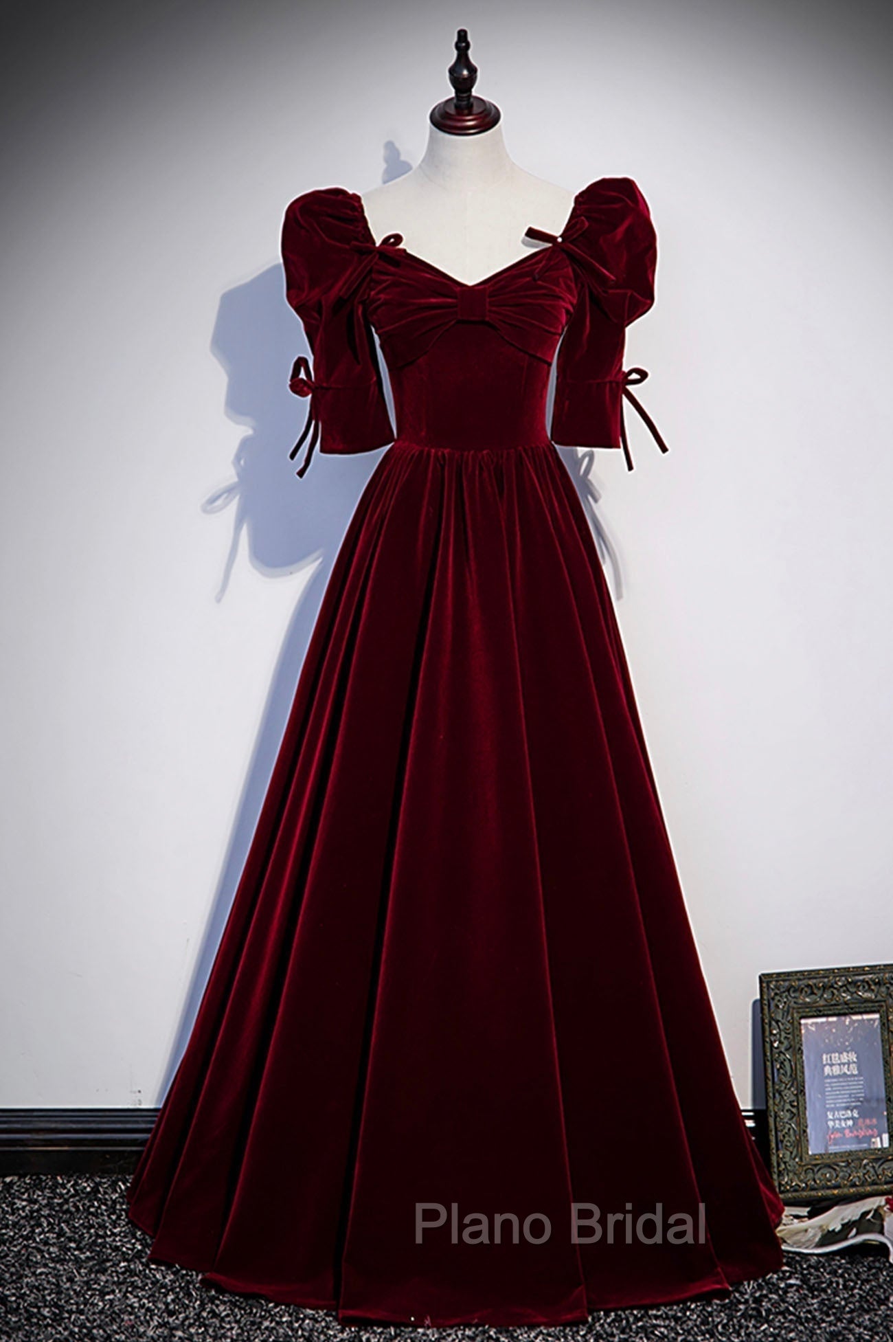 Burgundy Velvet Long Evening Party Dresses, A-Line Short Sleeve Formal Prom Dresses