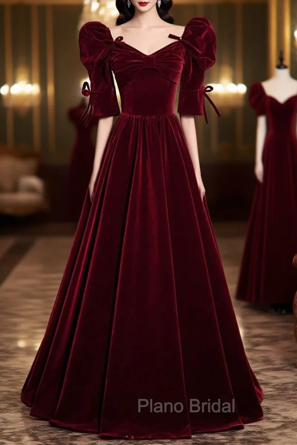 Burgundy Velvet Long Evening Party Dresses, A-Line Short Sleeve Formal Prom Dresses Main image