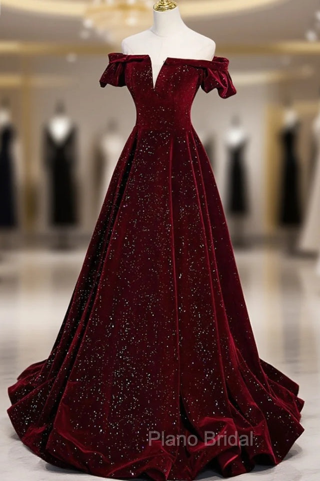 Burgundy Velvet Long Formal Prom Dresses, A-Line Off the Shoulder Evening Dresses