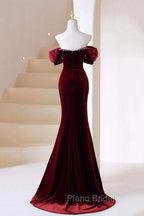 Burgundy Velvet Long Formal Prom Dresses, Burgundy Off Shoulder Pearl Evening Dresses