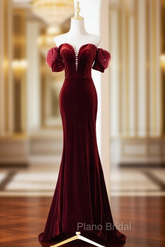 Burgundy Velvet Long Formal Prom Dresses, Burgundy Off Shoulder Pearl Evening Dresses