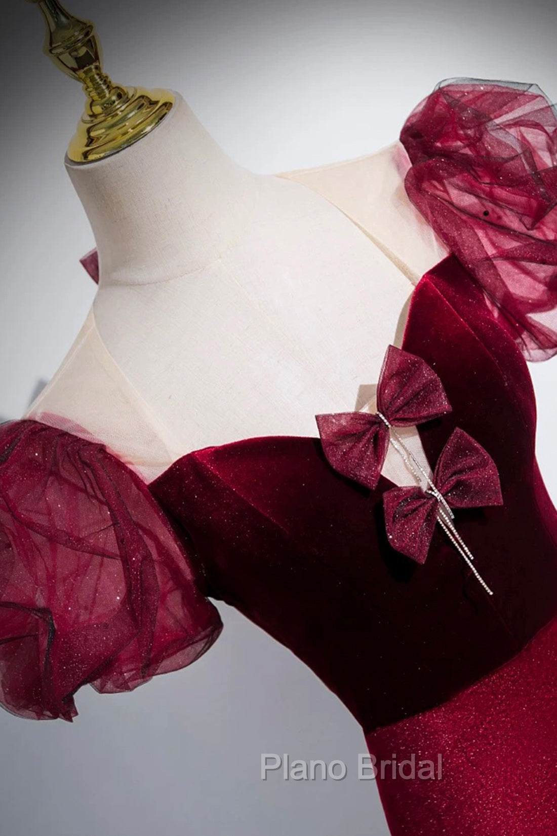 Burgundy Velvet Long Formal Prom Dresses, Mermaid Short Sleeve Party Dresses Wit Bow
