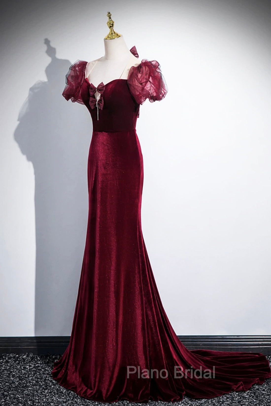 Burgundy Velvet Long Formal Prom Dresses, Mermaid Short Sleeve Party Dresses Wit Bow