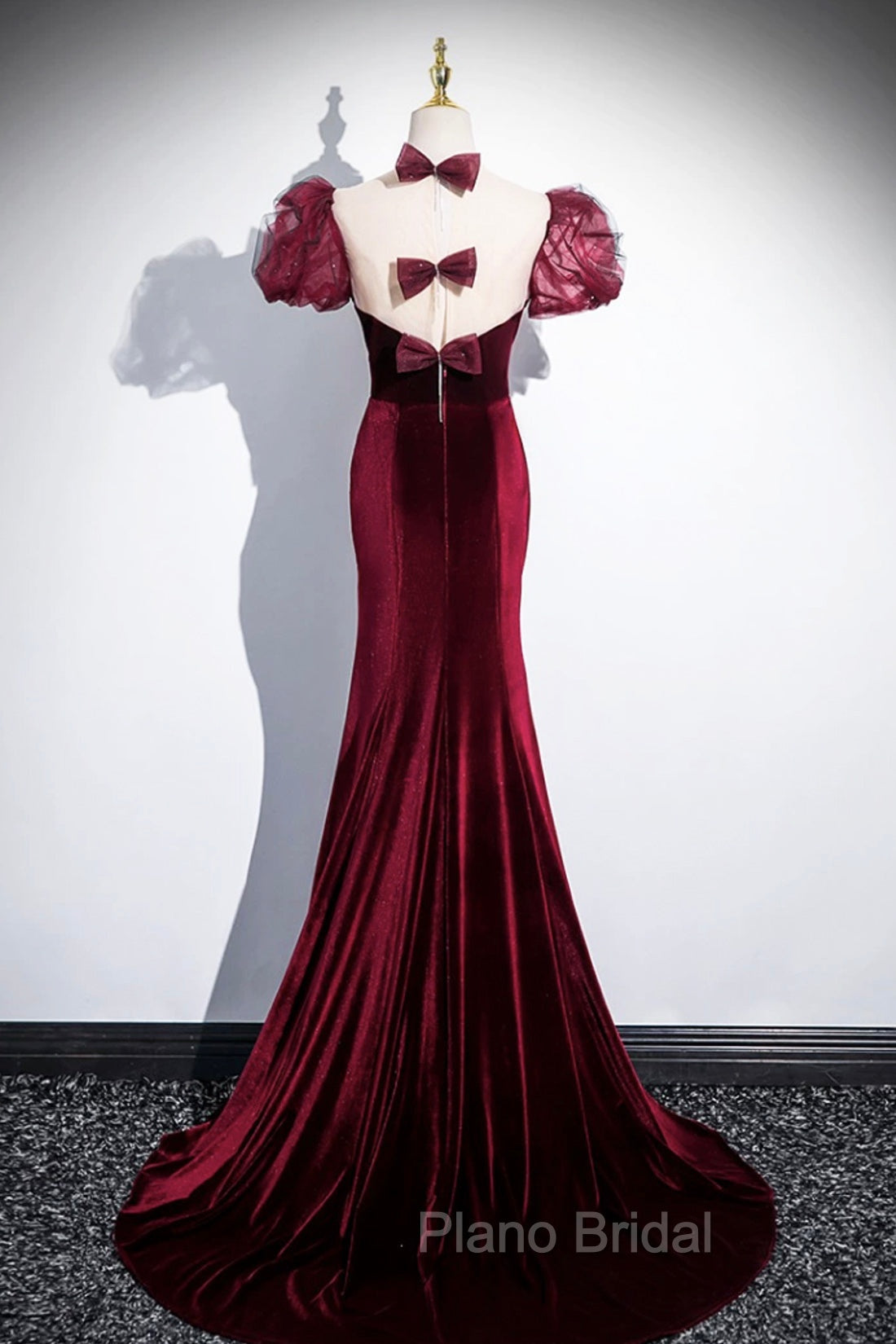 Burgundy Velvet Long Formal Prom Dresses, Mermaid Short Sleeve Party Dresses Wit Bow
