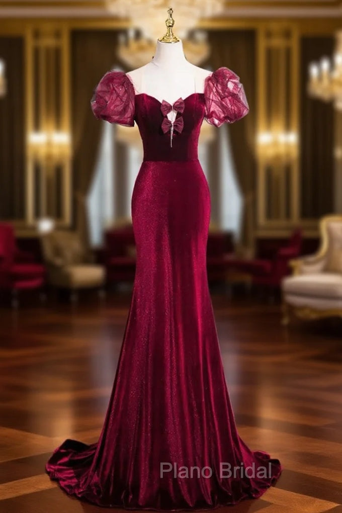 Burgundy Velvet Long Formal Prom Dresses, Mermaid Short Sleeve Party Dresses Wit Bow Main image