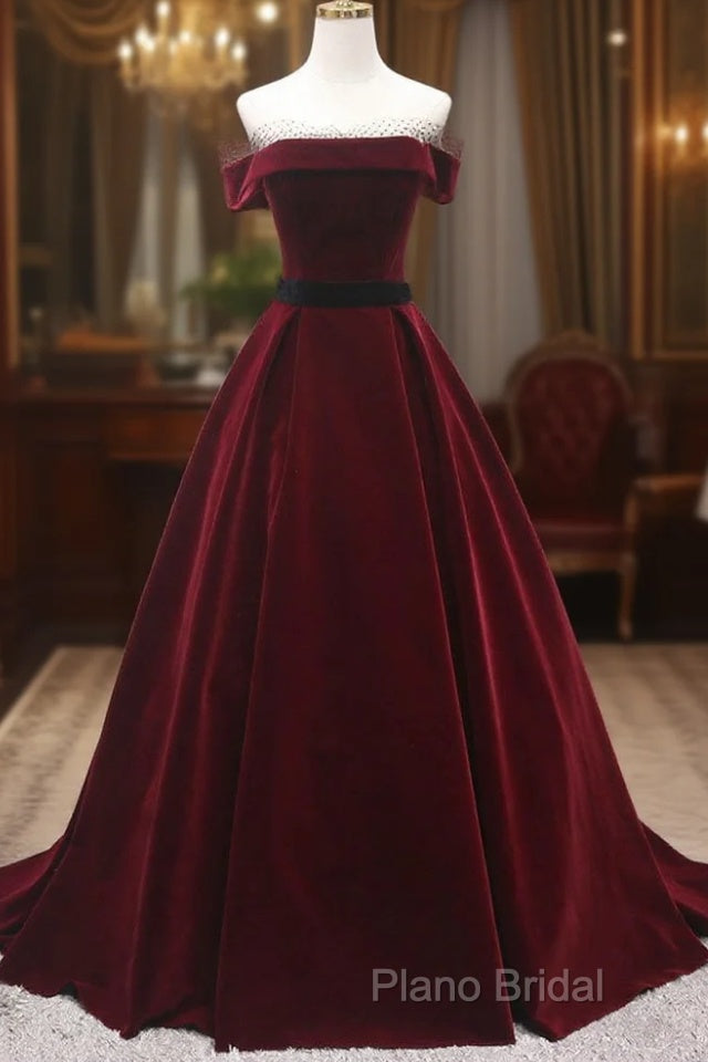 Burgundy Velvet Long Formal Prom Dresses, A-Line Formal Dresses Main image