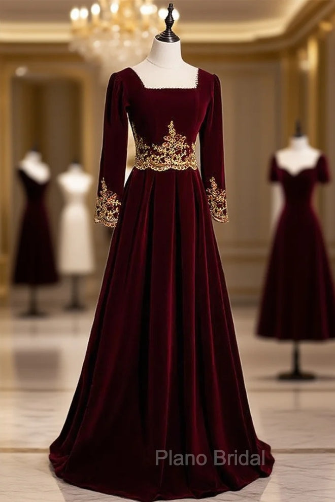 Burgundy Velvet Long Sleeve Appliques Square Formal Prom Dresses Main image