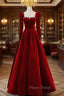 Burgundy Velvet Long Sleeve Crystal Formal Prom Dresses