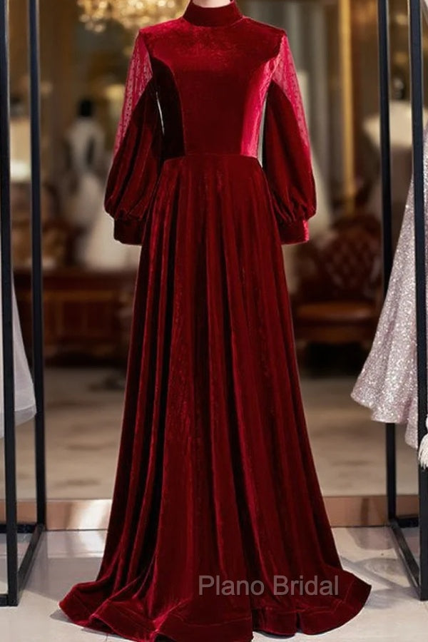 Burgundy Velvet Long Sleeve High Neck Formal Prom Dresses Main image