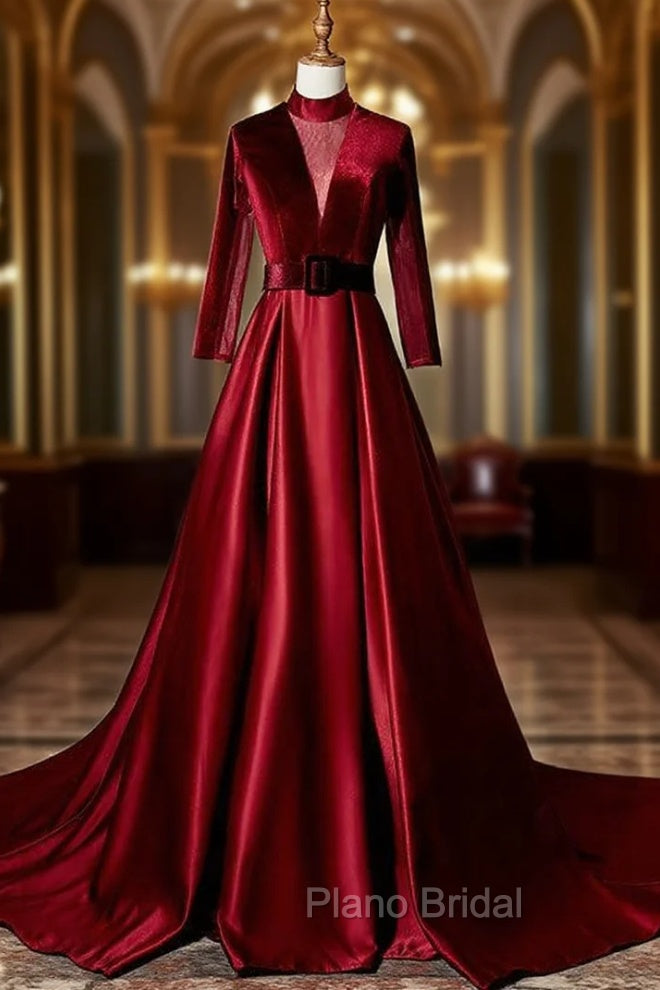 Burgundy Velvet Long Sleeve High Neck See Through Back Formal Prom Dresses Main image