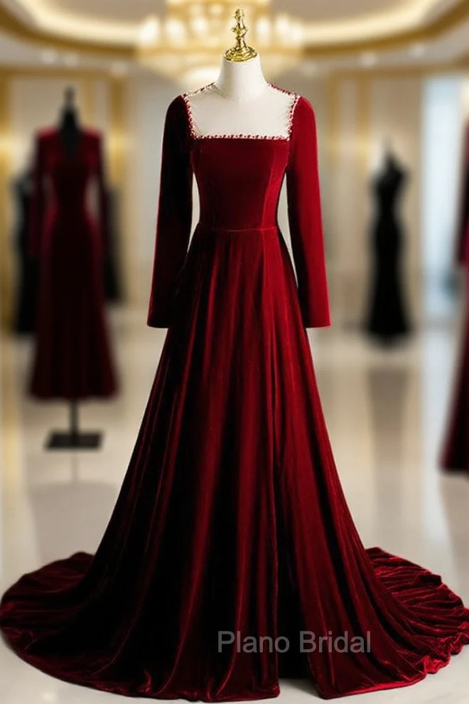 Burgundy Velvet Long Sleeve Pearls Formal Prom Dresses Main image