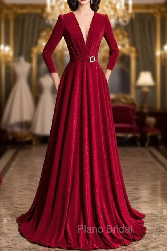 Burgundy Velvet Long Sleeve Pleats Formal Prom Dresses Main image