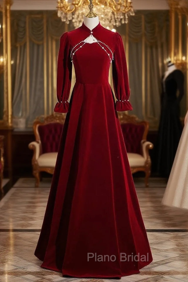 Burgundy Velvet Long Sleeve Formal Prom Dresses Main image