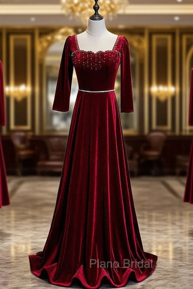 Burgundy Velvet Long Sleeve Square Beading Formal Prom Dresses Main image