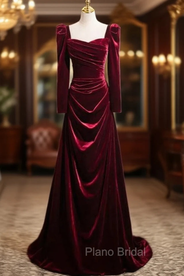 Burgundy Velvet Long Sleeve Square Neck Pleats Formal Prom Dresses Main image