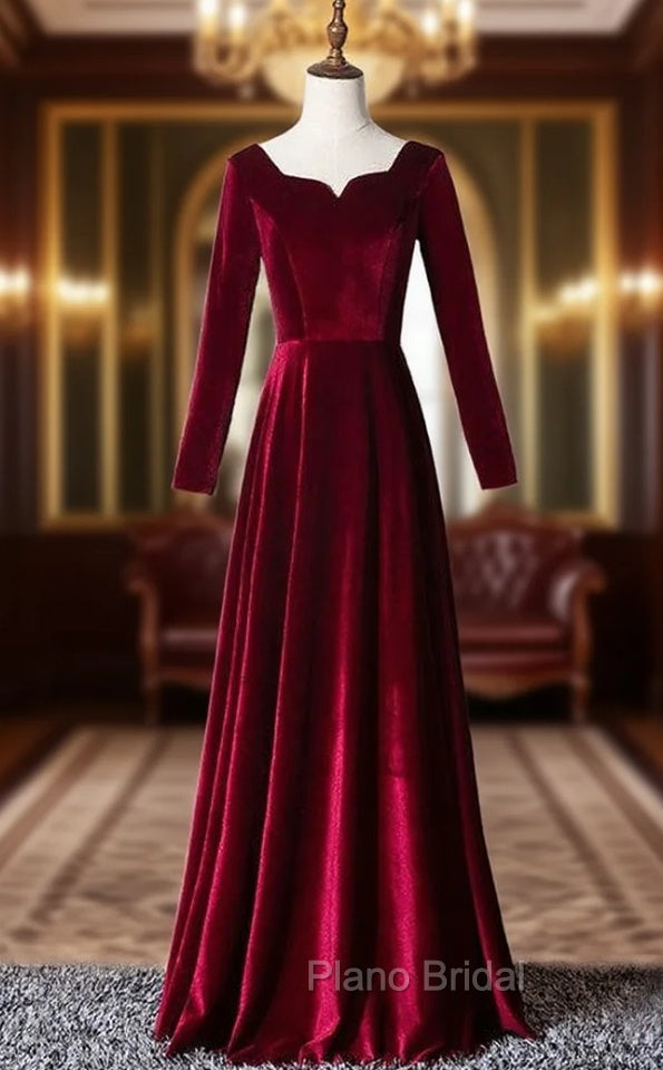 Burgundy Velvet Long Sleeve Square Formal Prom Dresses Main image