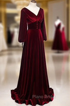 Burgundy Velvet Long Sleeves A-line Formal Prom Dresses, Long Simple Bridesmaid Dresses