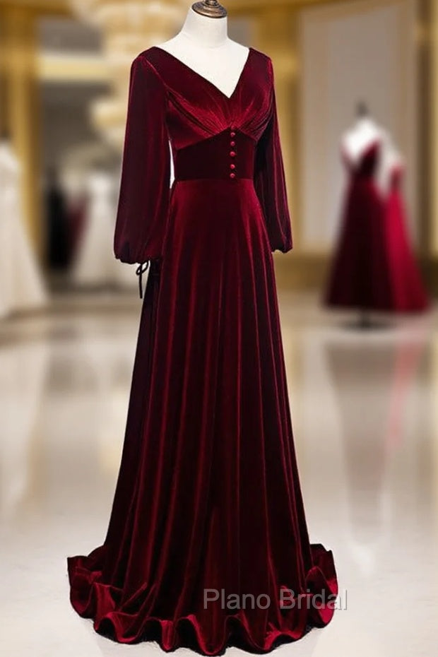 Burgundy Velvet Long Sleeves A-line Formal Prom Dresses, Long Simple Bridesmaid Dresses