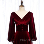 Burgundy Velvet Long Sleeves A-line Formal Prom Dresses, Long Simple Bridesmaid Dresses