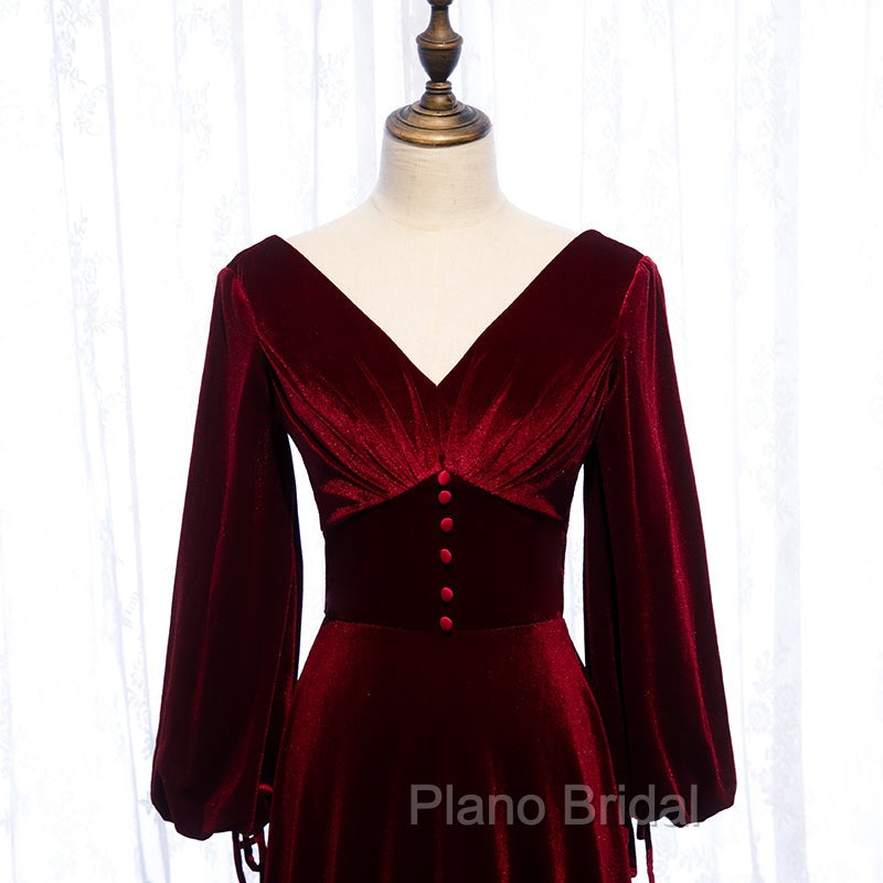Burgundy Velvet Long Sleeves A-line Formal Prom Dresses, Long Simple Bridesmaid Dresses