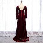 Burgundy Velvet Long Sleeves A-line Formal Prom Dresses, Long Simple Bridesmaid Dresses