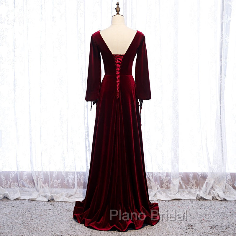 Burgundy Velvet Long Sleeves A-line Formal Prom Dresses, Long Simple Bridesmaid Dresses