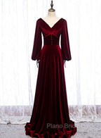 Burgundy Velvet Long Sleeves A-line Formal Prom Dresses, Long Simple Bridesmaid Dresses