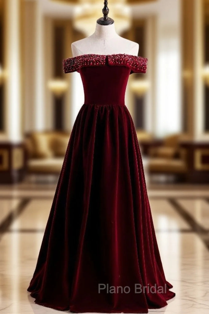 Burgundy Velvet Off the Shoulder Beading Formal Prom Dresses Main image